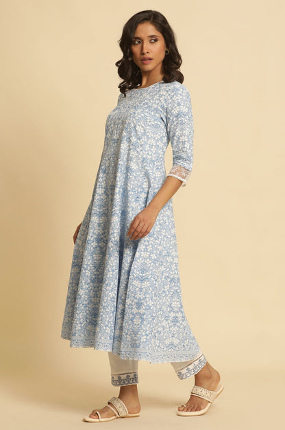 Light Blue Floral Printed Pure Cotton Anarkali Kurta