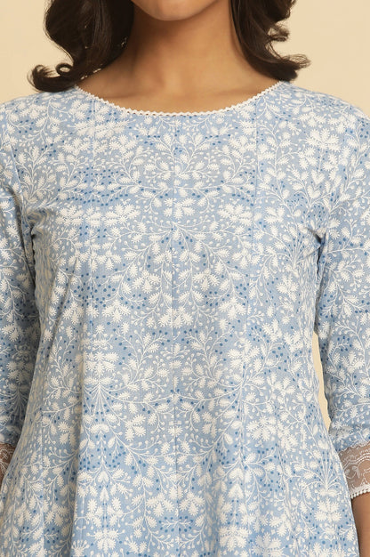 Light Blue Floral Printed Pure Cotton Anarkali Kurta