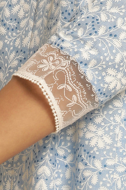 Light Blue Floral Printed Pure Cotton Anarkali Kurta