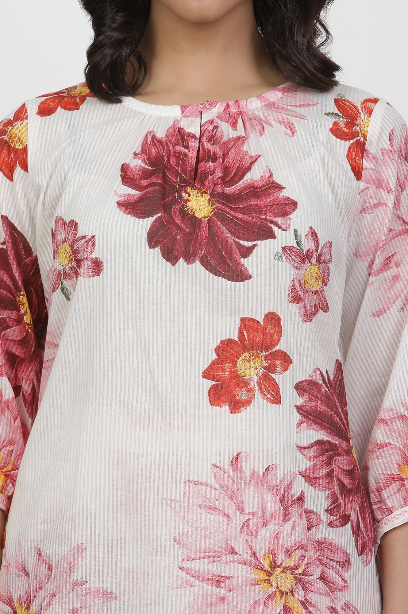 White Floral Printed Thread Work Pure Cotton A-Line Kurta and Slim Pant Set