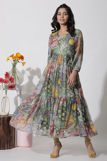 Multi-Coloured Floral Printed Tiered Dress
