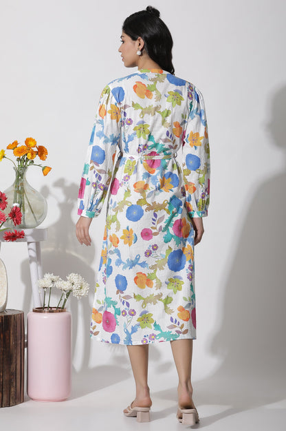 White Floral Printed Cotton Shirt Dress