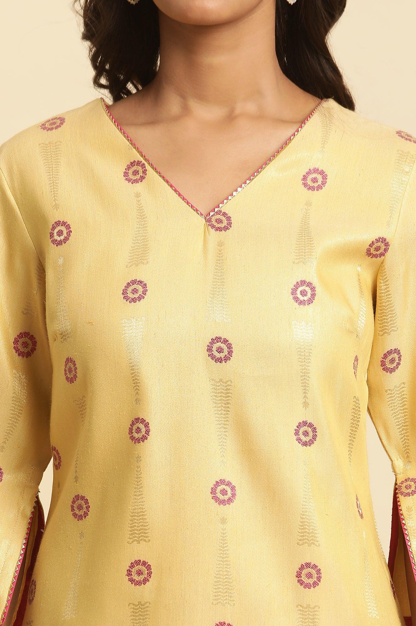 Yellow Printed Jacquard Kurta - wforwoman