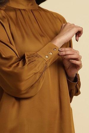 Brown Gathered High Neck Top - wforwoman