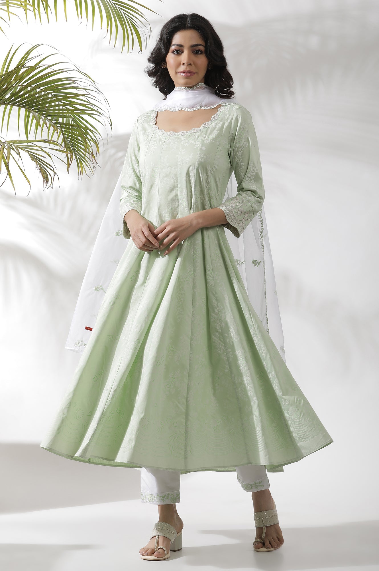 Light Green Embroidered Panelled Kurta, Pants And Dupatta Set
