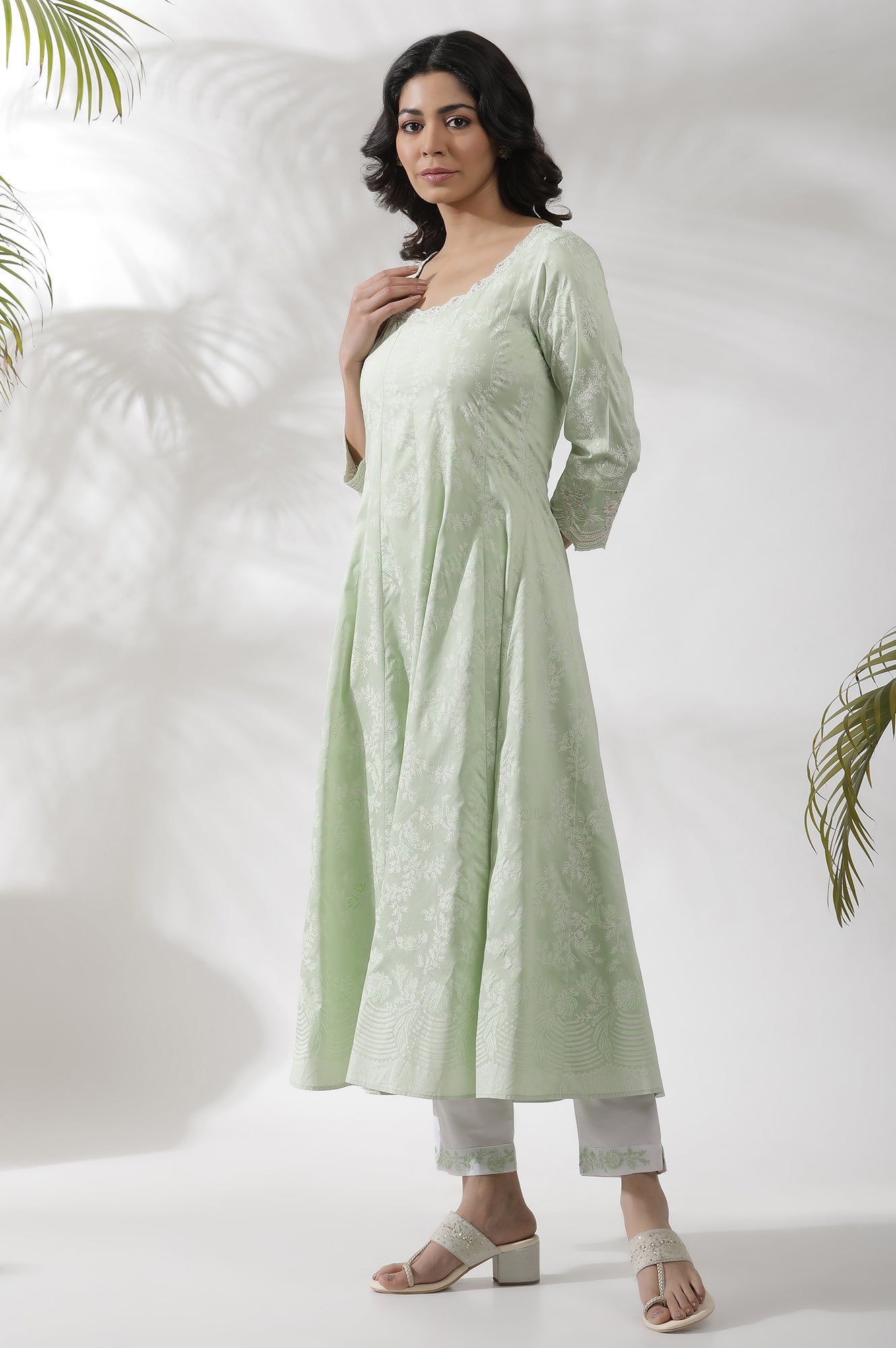 Light Green Embroidered Panelled Kurta, Pants And Dupatta Set