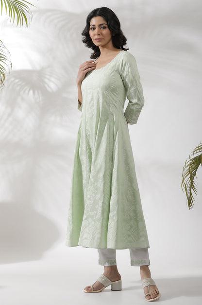 Light Green Embroidered Panelled Kurta, Pants And Dupatta Set