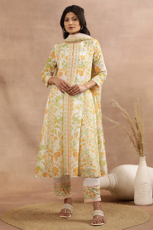 White Multi-Coloured Floral Printed Panelled Kurta, Pants And Dupatta Set