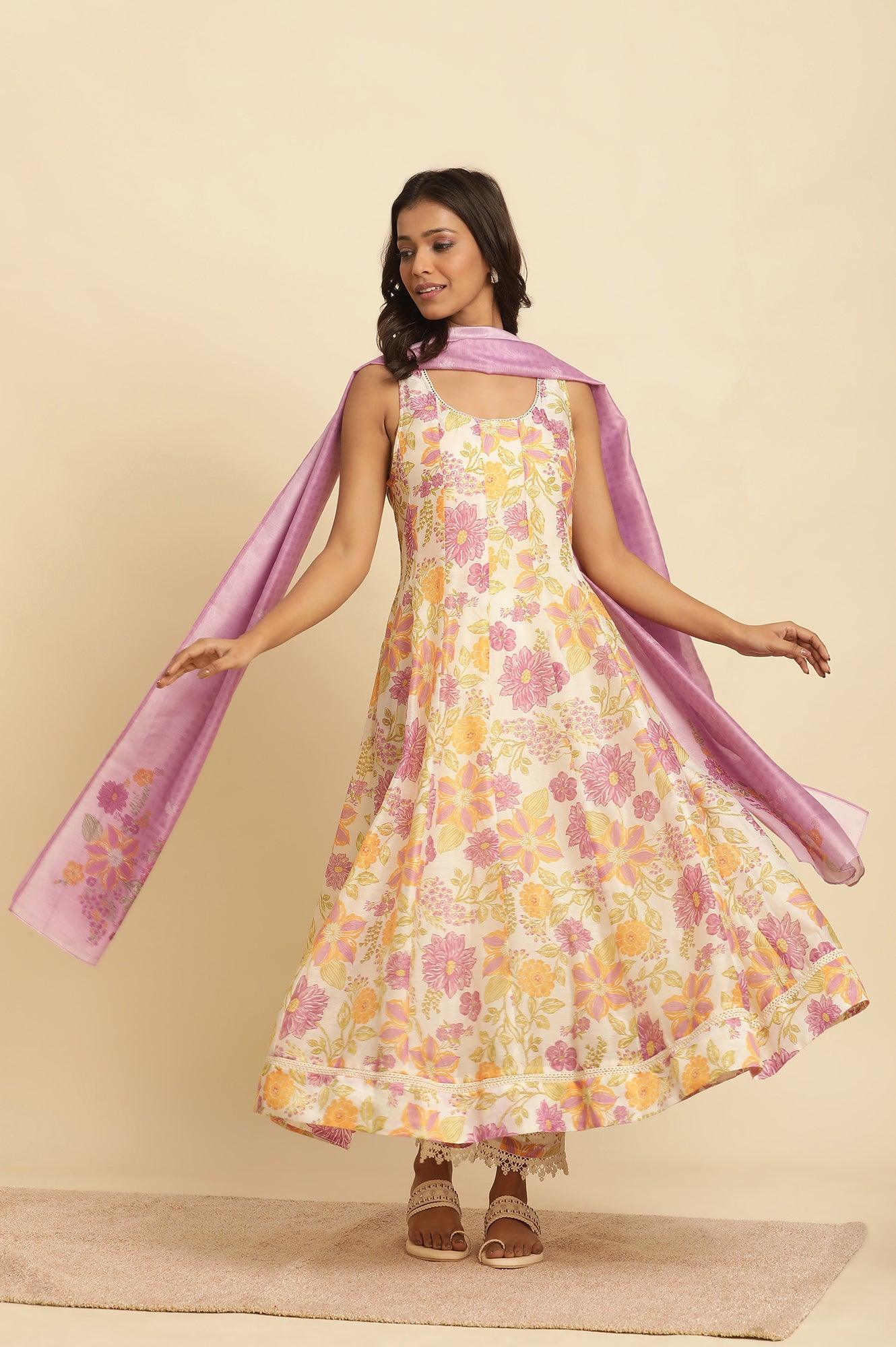 White Sleeveless Printed Flared Kurta, Pants And Dupatta Set - wforwoman