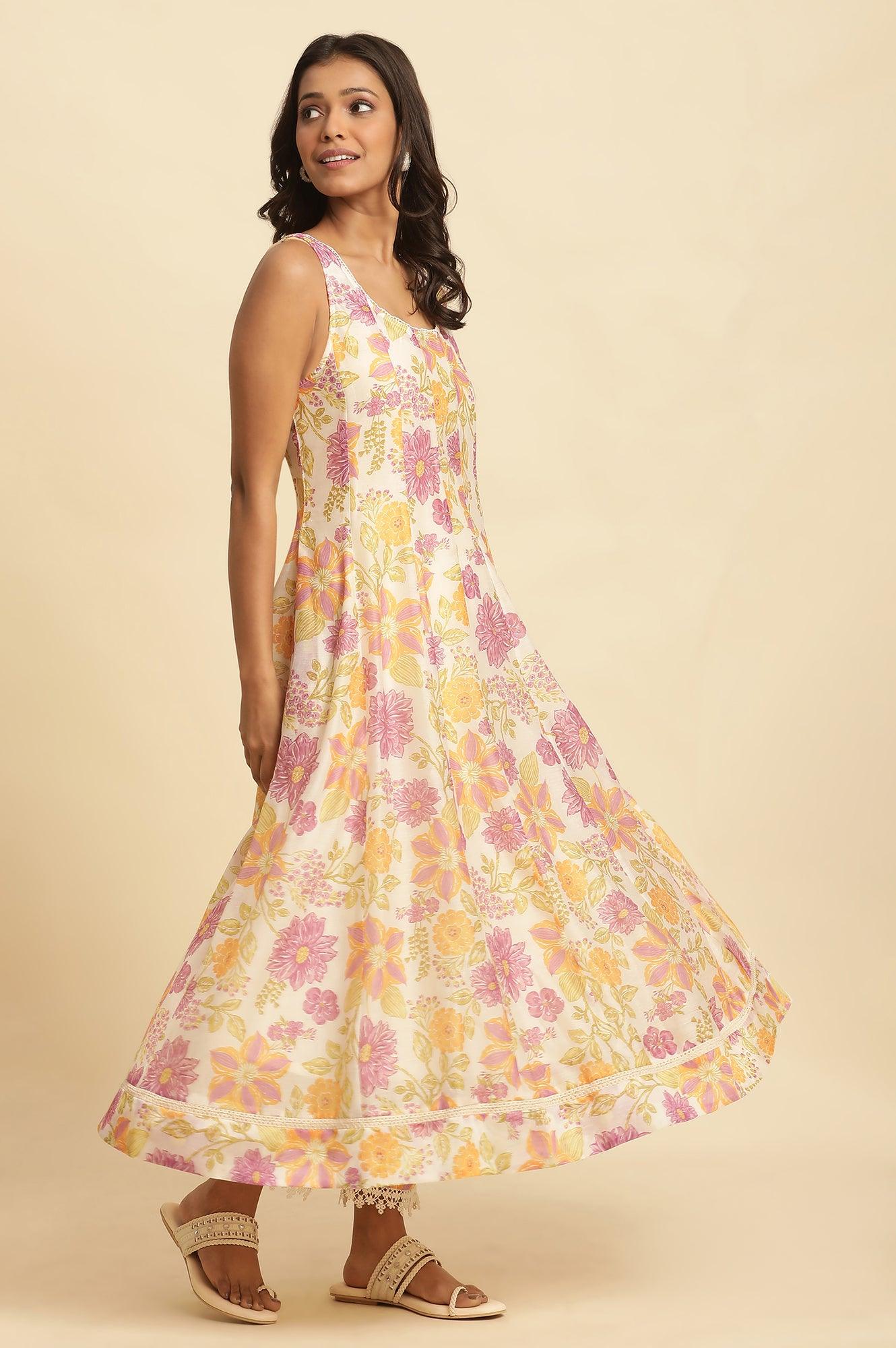 White Sleeveless Printed Flared Kurta, Pants And Dupatta Set - wforwoman