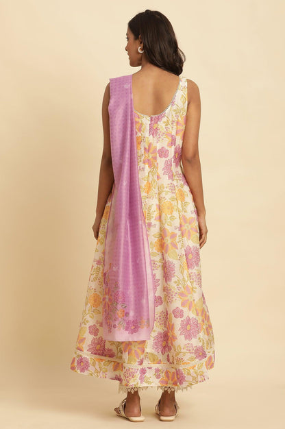 White Sleeveless Printed Flared Kurta, Pants And Dupatta Set - wforwoman