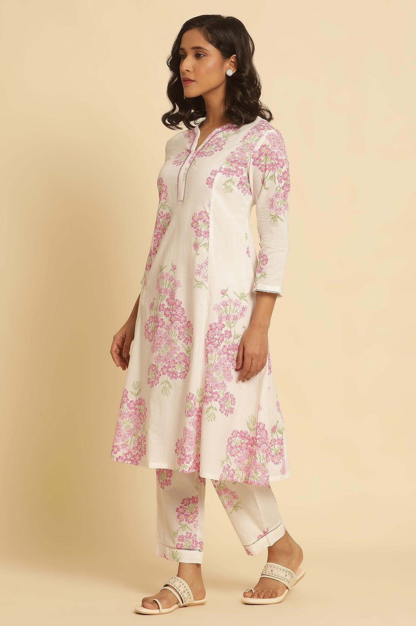 White Flared Floral Printed Kurta And Pants Set - wforwoman
