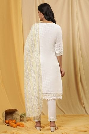 White A-Line Cotton Checker Kurta, Pants And Dupatta Set