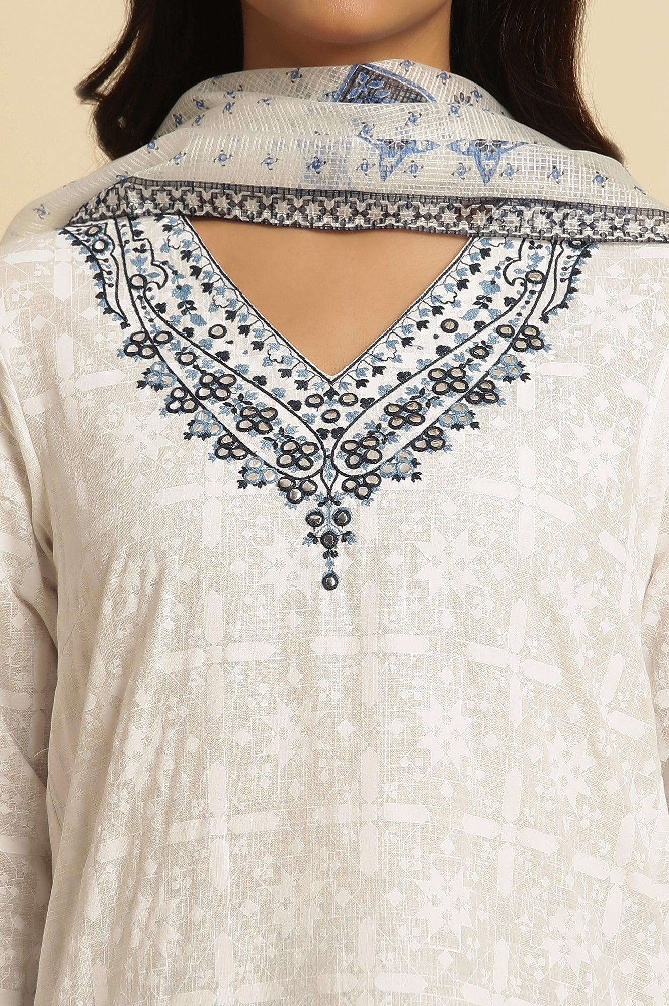 White Khadi Printed Cotton Kurta, Pants And Dupatta Set - wforwoman