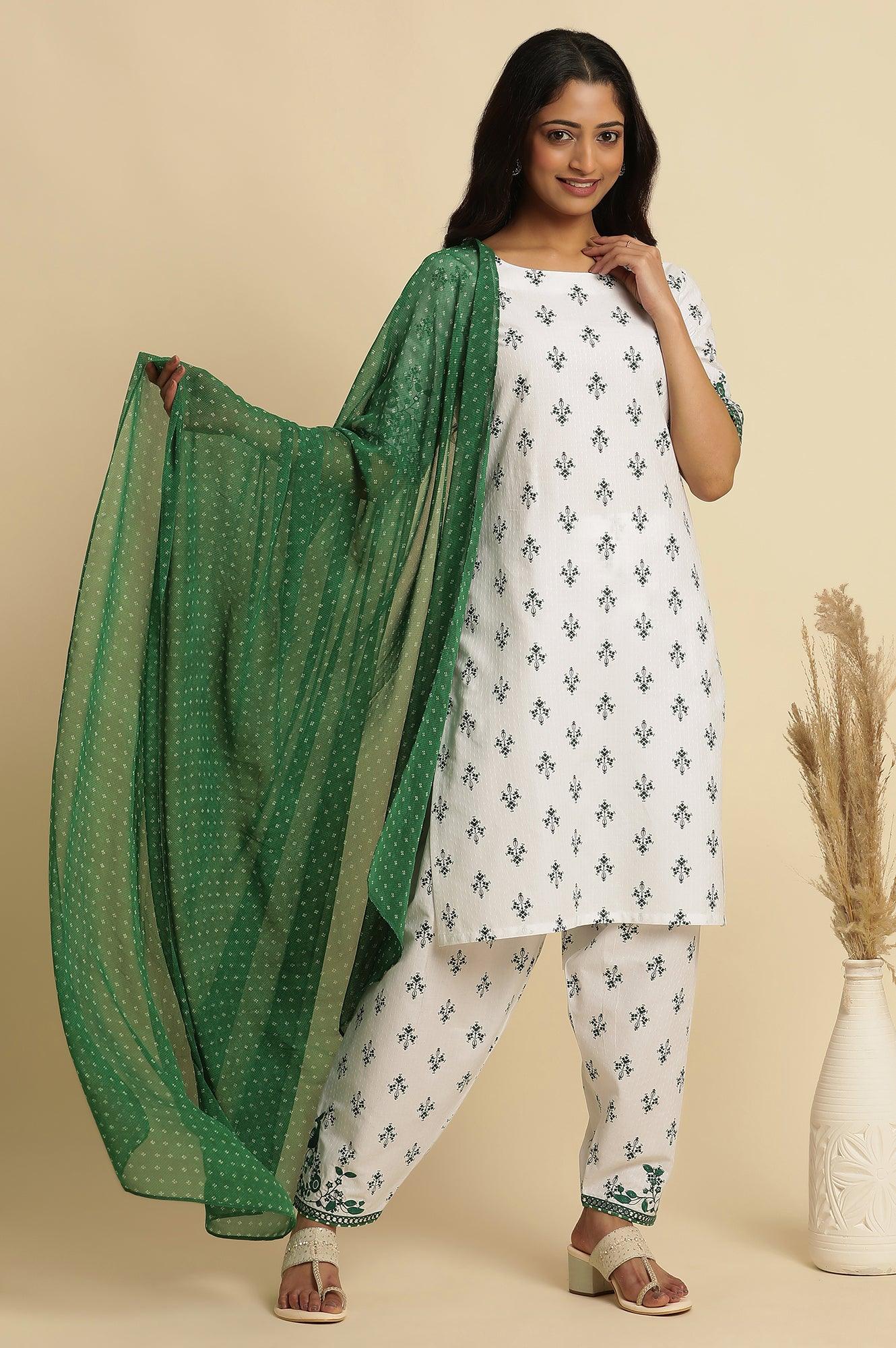 White Embroidered Kurta, Gathered Salwar And Dupatta Set - wforwoman