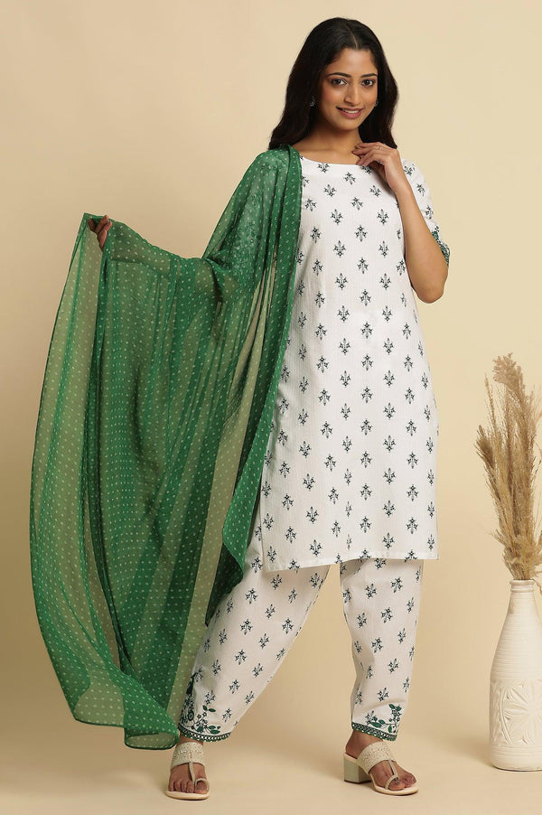 White Embroidered Kurta, Gathered Salwar And Dupatta Set