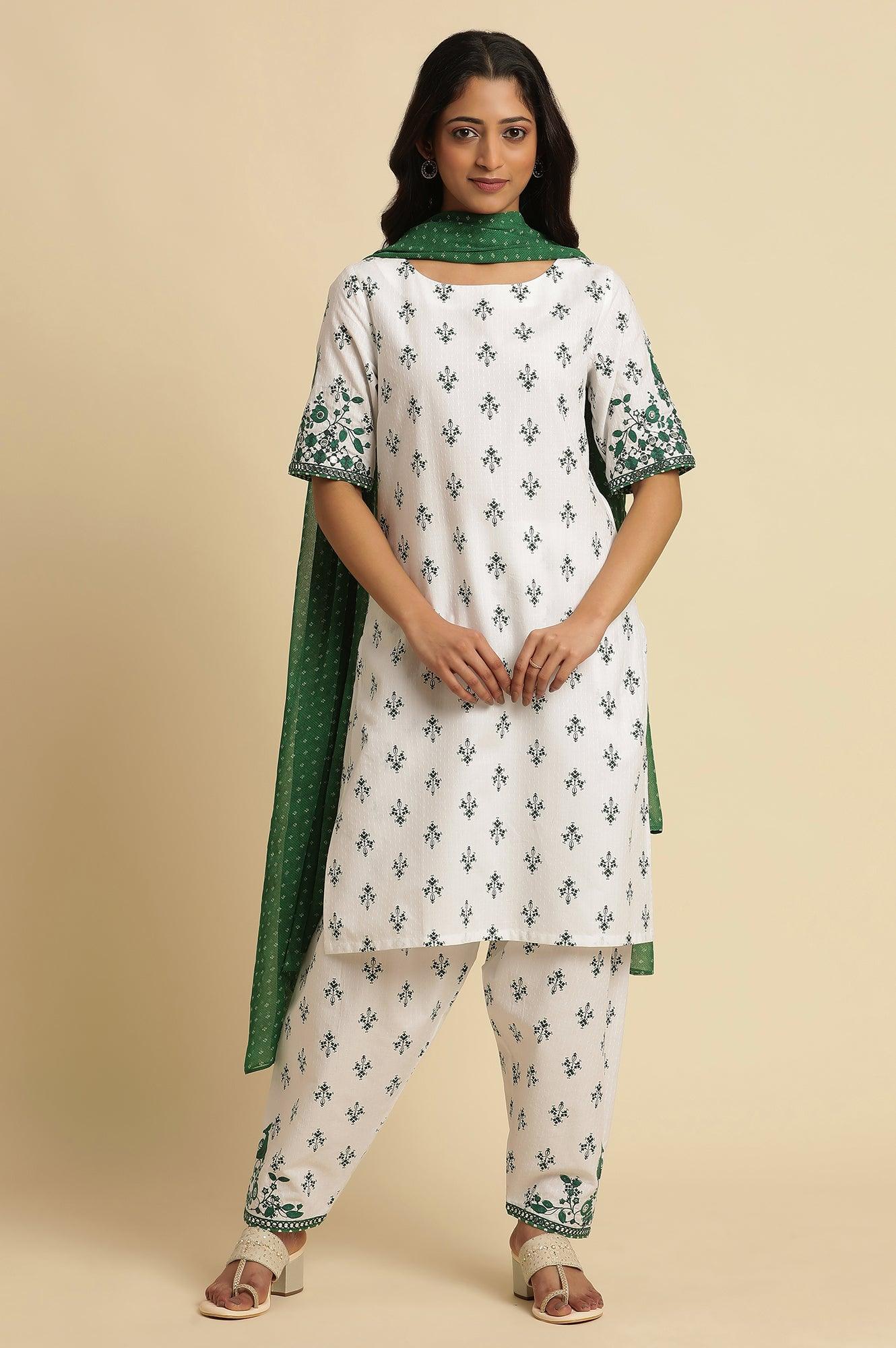 White Embroidered Kurta, Gathered Salwar And Dupatta Set - wforwoman