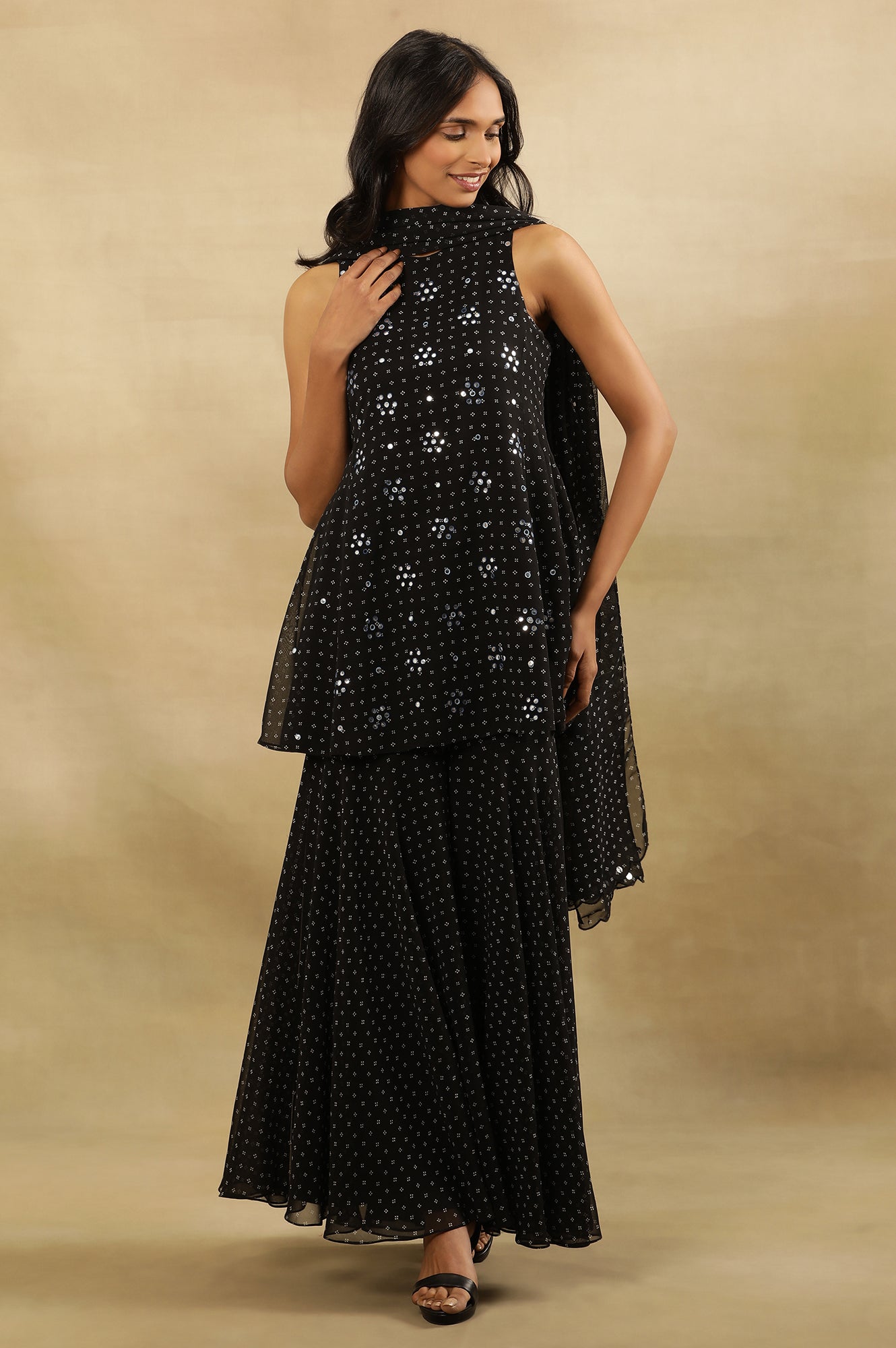 Black Printed Flared Short Kurta, Sharara Ad Dupatta Set