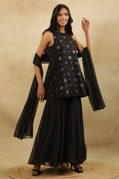 Black Printed Flared Short Kurta, Sharara Ad Dupatta Set