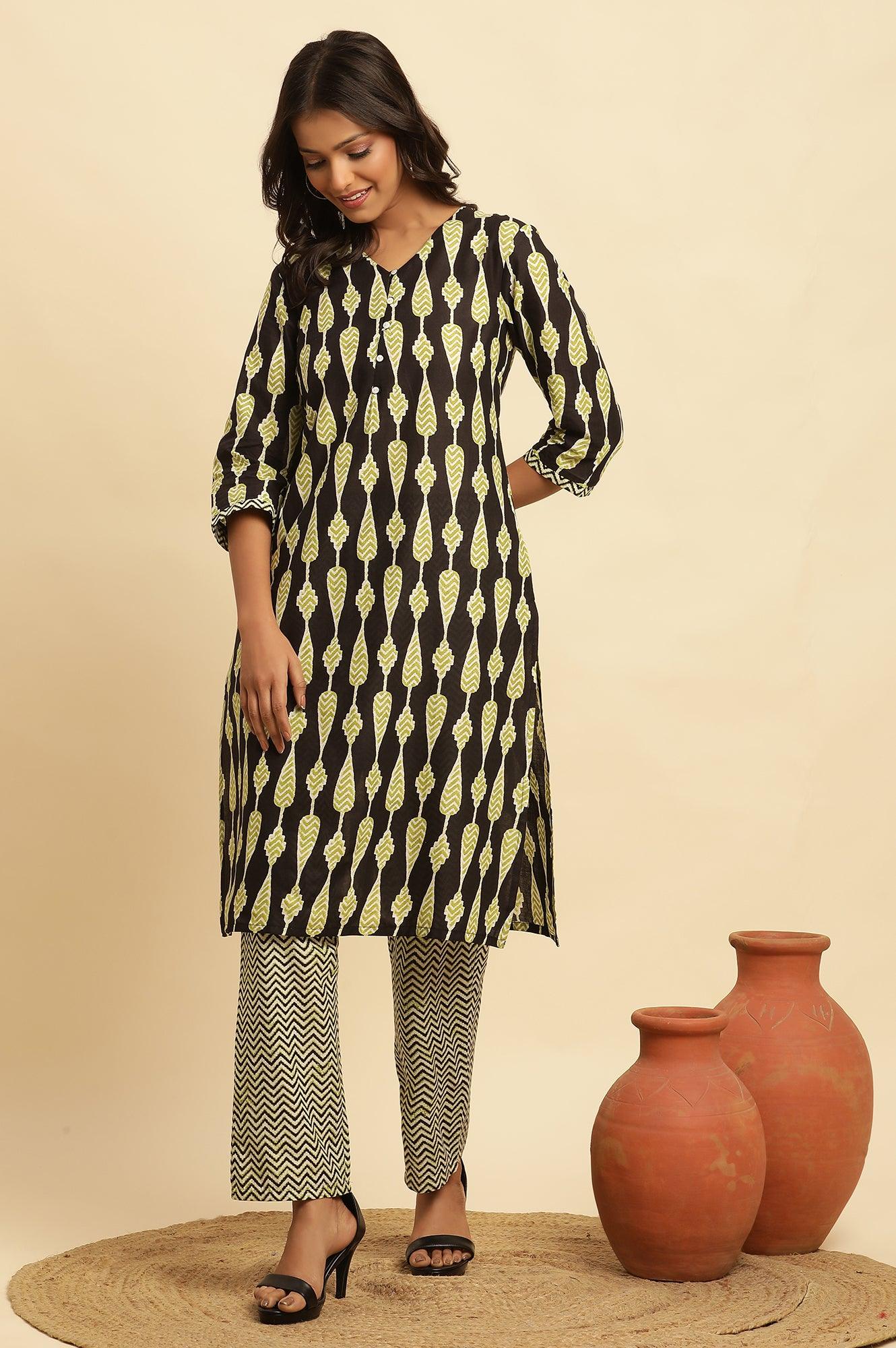 Black Printed Straight Kurta And Pants Set - wforwoman