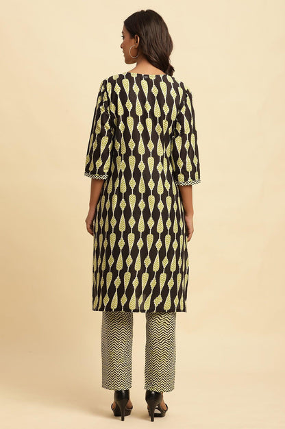 Black Printed Straight Kurta And Pants Set - wforwoman