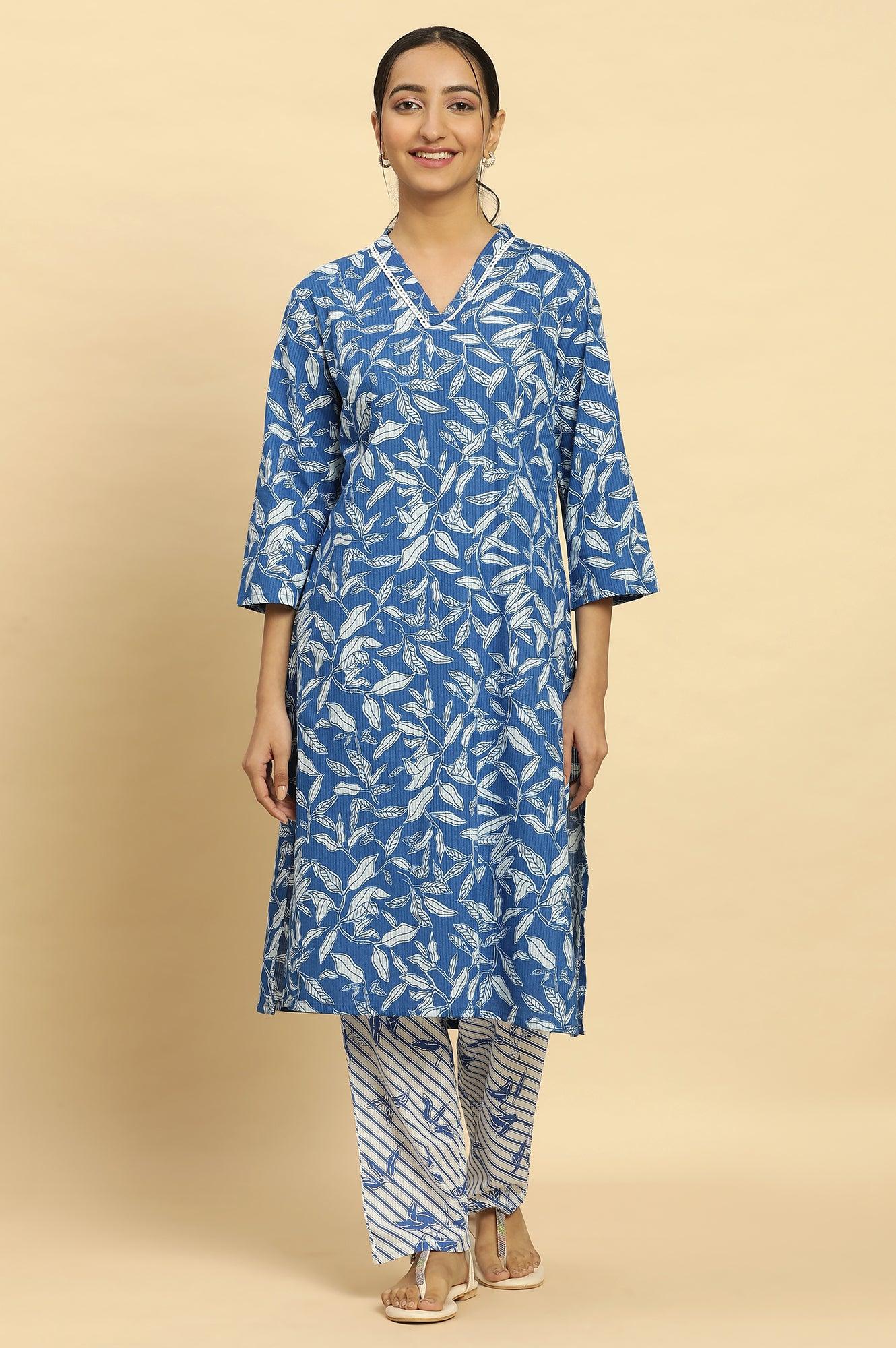 Blue Leaf Printed Straight Kurta And Pants Set - wforwoman