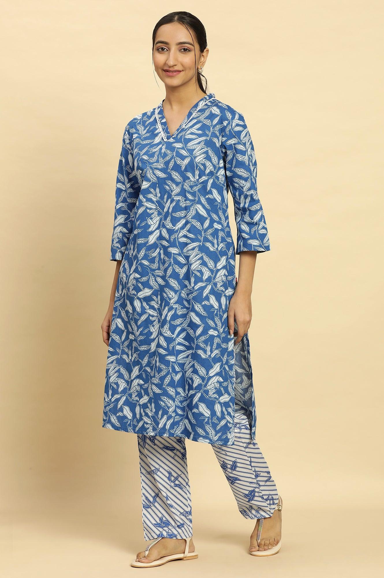 Blue Leaf Printed Straight Kurta And Pants Set - wforwoman
