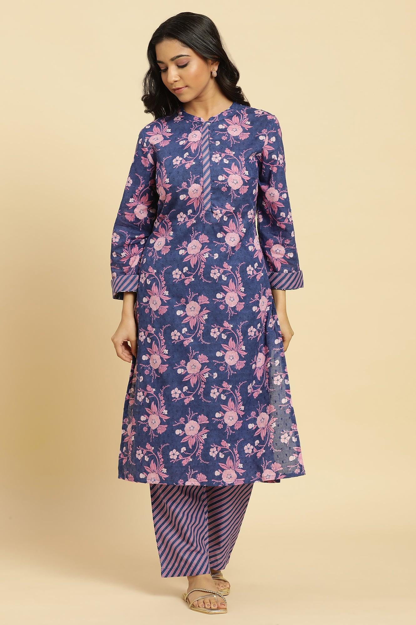Navy Blue Floral Printed Kurta And Stripe Pants Set - wforwoman
