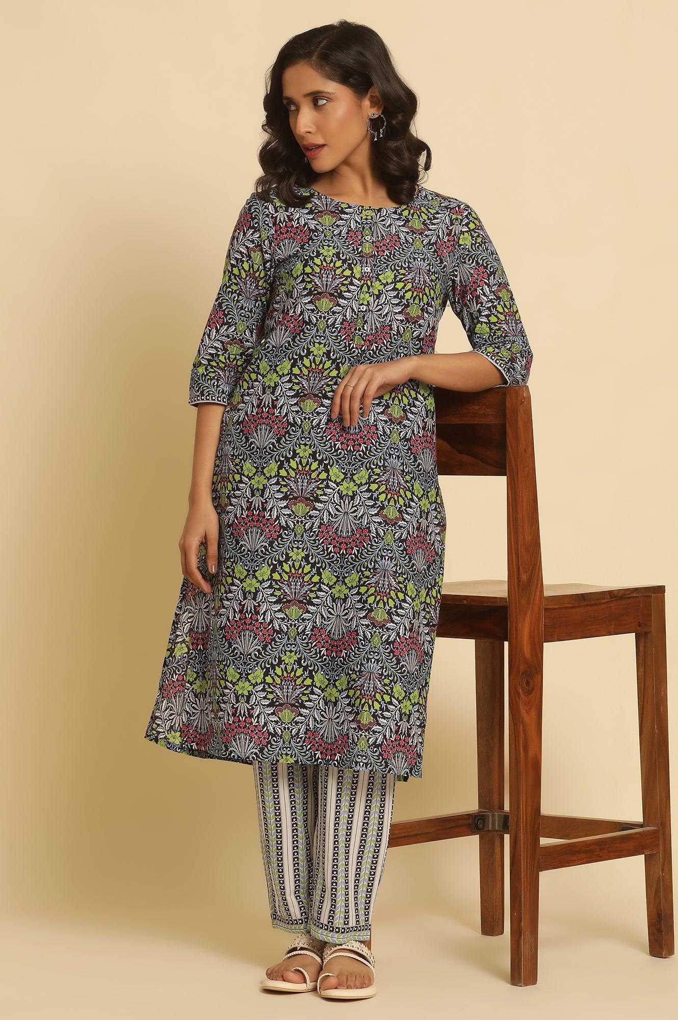 Black Floral Printed Straight Kurta And Pants Set - wforwoman