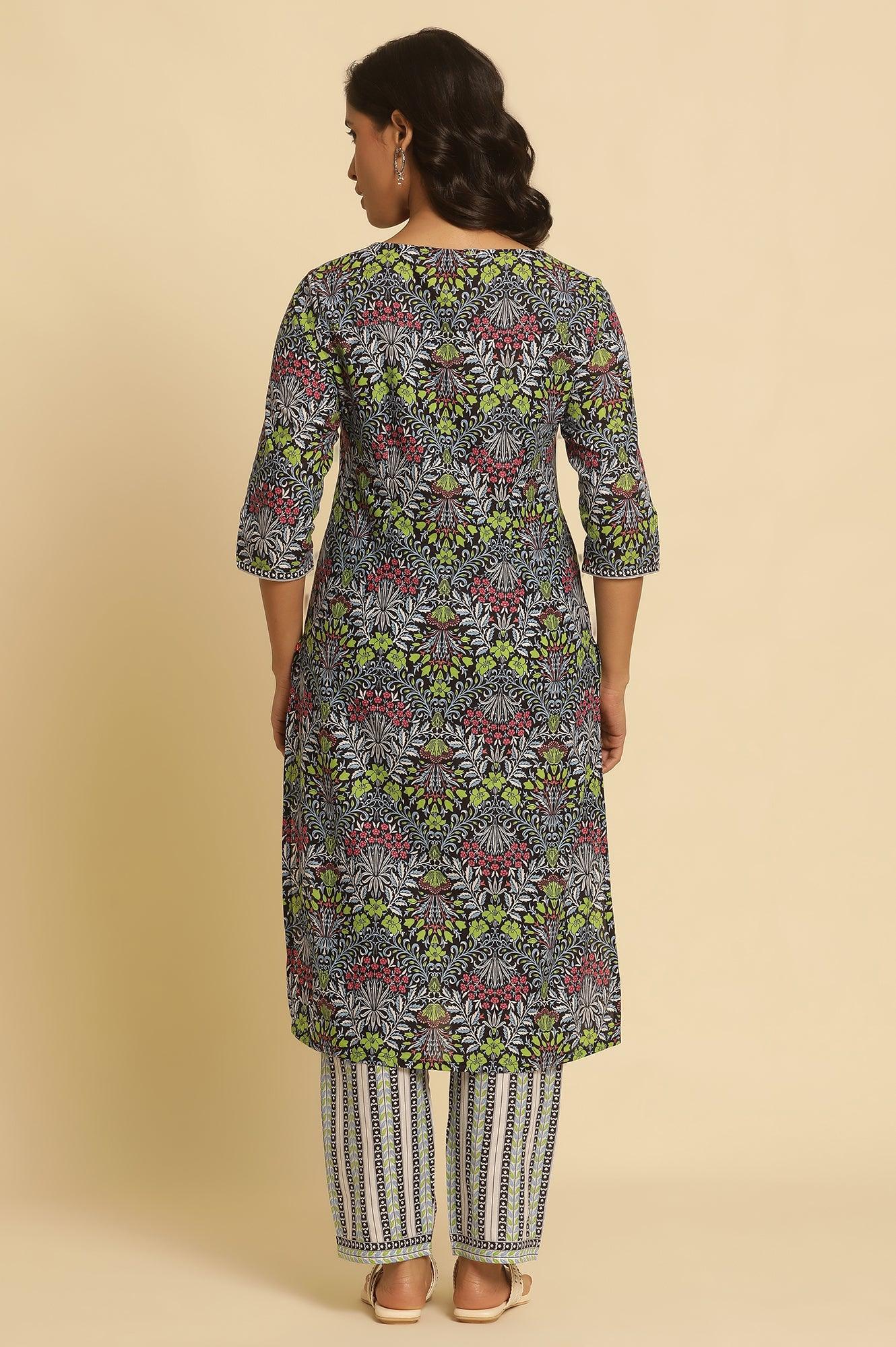Black Floral Printed Straight Kurta And Pants Set - wforwoman