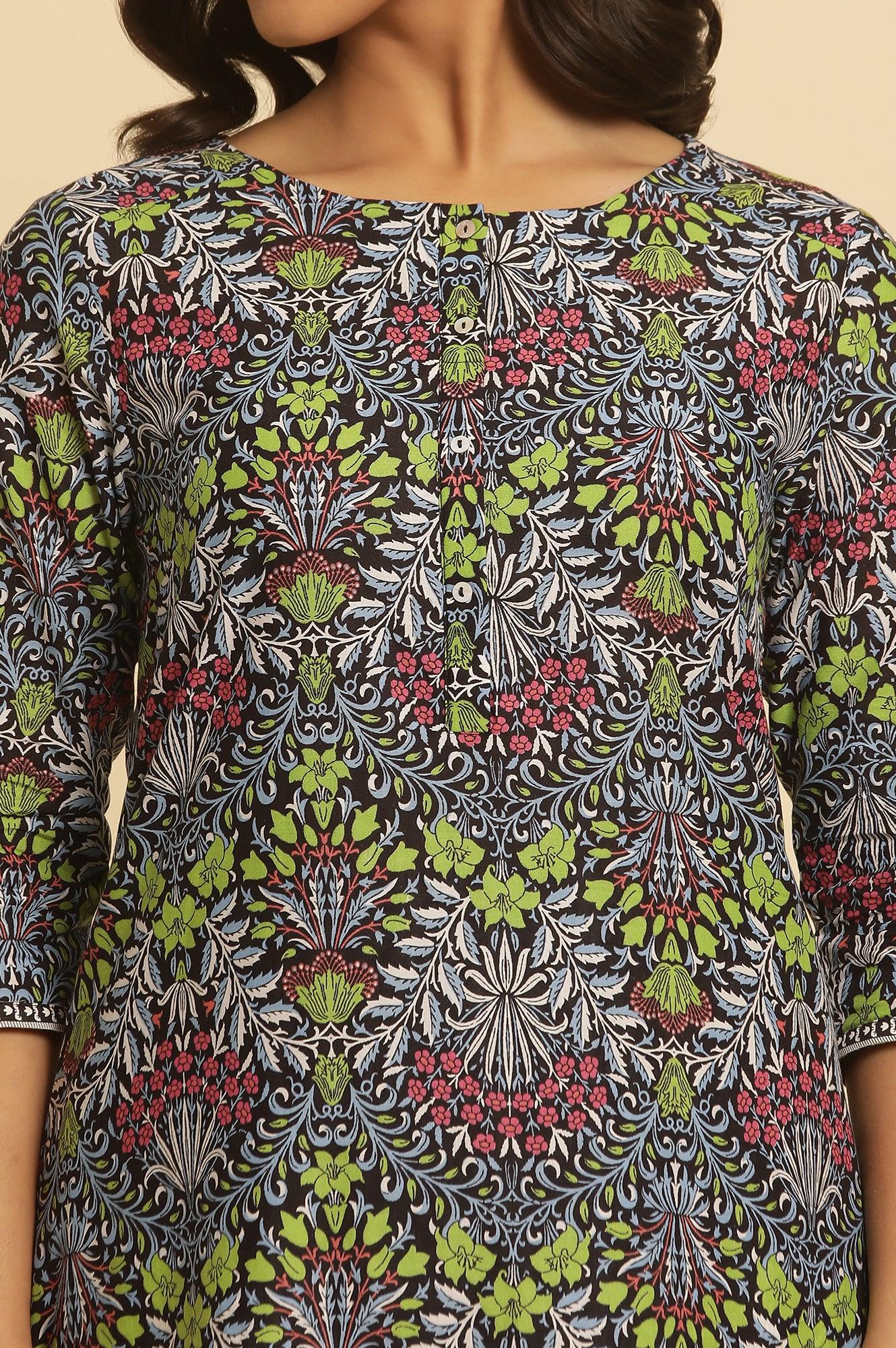 Black Floral Printed Straight Kurta And Pants Set - wforwoman