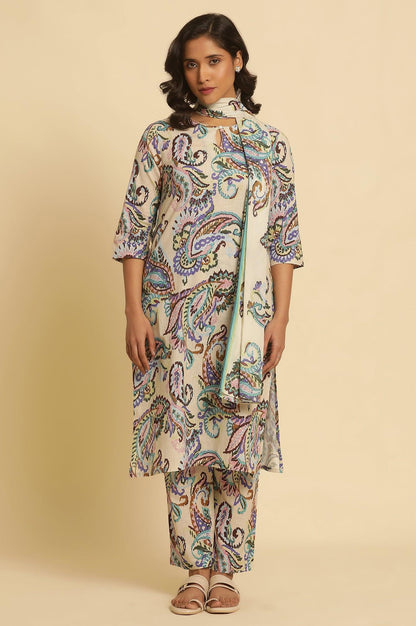 Ecru Floral Printed Straight Kurta And Pants Set - wforwoman