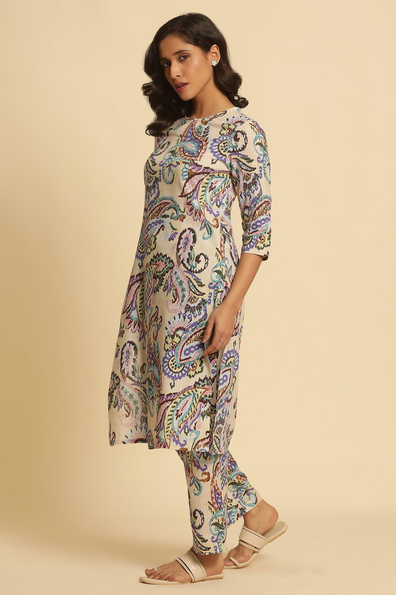 Ecru Floral Printed Straight Kurta And Pants Set - wforwoman