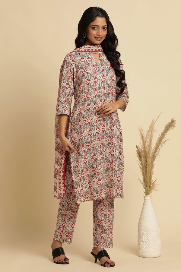 White Paisely Printed Kurta, Pants And Dupatta Set