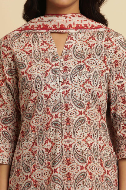 White Paisely Printed Kurta, Pants And Dupatta Set - wforwoman