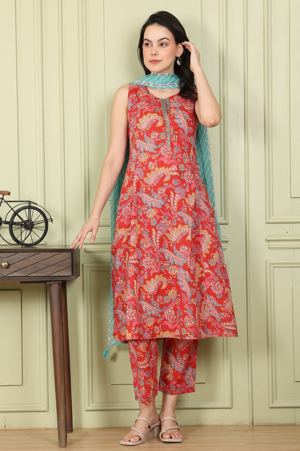 Red Floral Printed Sequined Pure Cotton A-Line Kurta, Straight Pants And Teal Printed Dupatta
