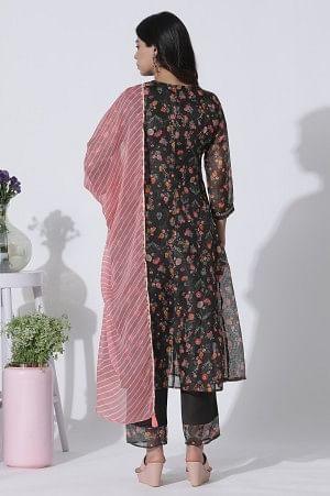 Dark Brown Panelled Printed Kota Kurta, Pants And Dupatta Set - wforwoman