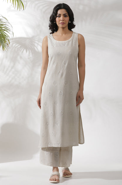 Light Beige Sleeveless Schiffli Kurta And Flared Pants Set