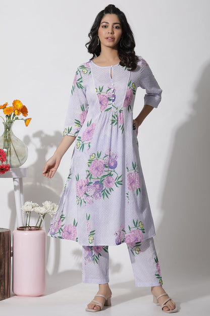 Purple Floral Printed Gathered Kurta And Pants Set