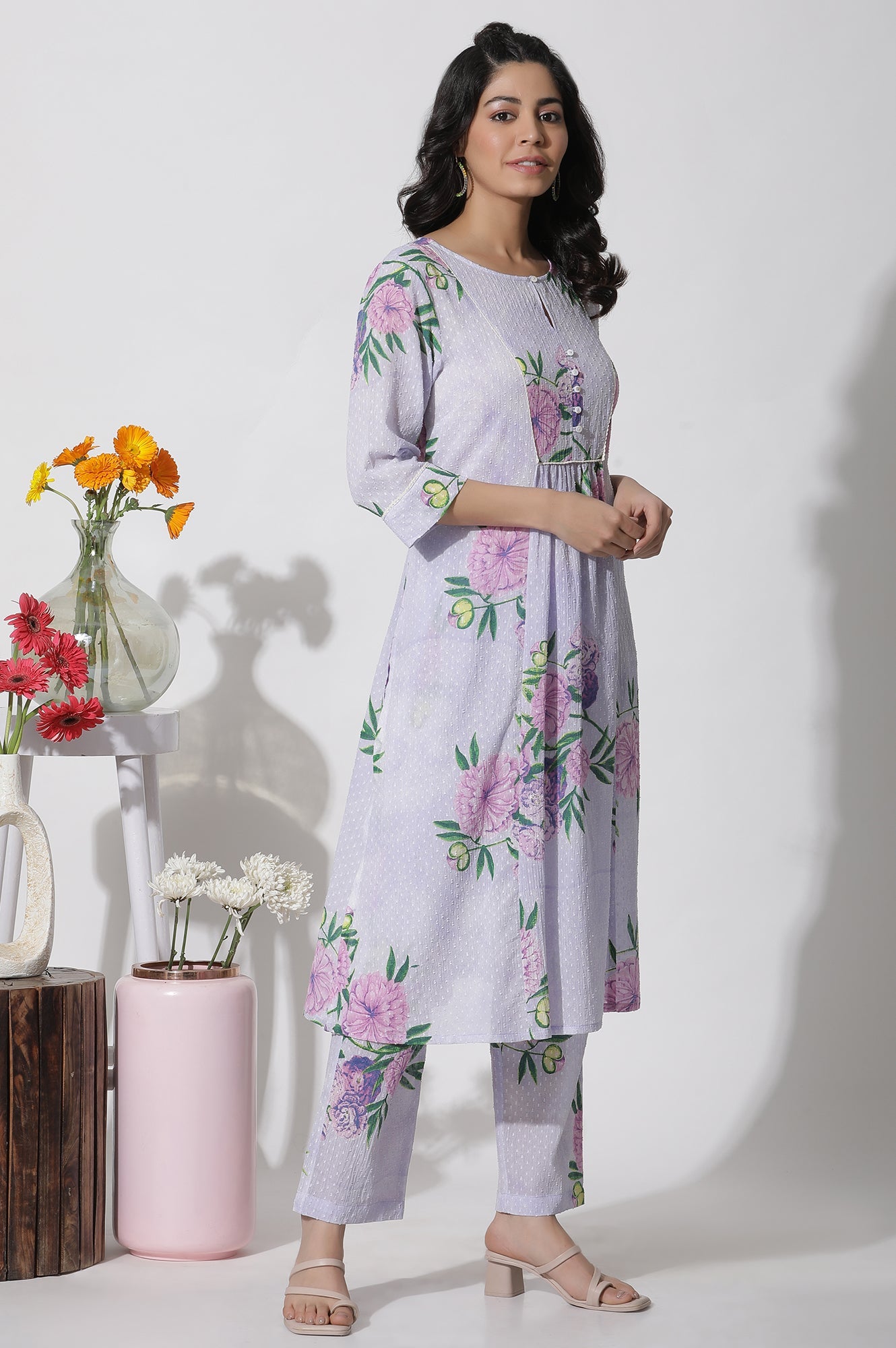 Purple Floral Printed Gathered Kurta And Pants Set