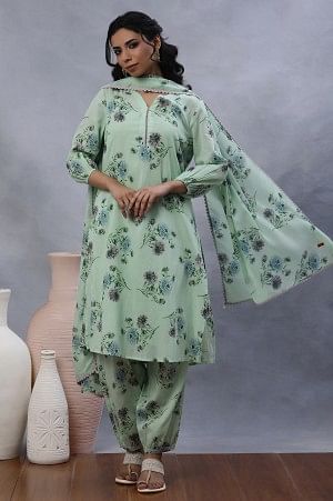 Green Floral Printed A-Line Kurta, Gathered Pants And Dupatta Set