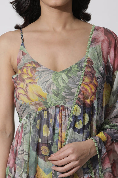 Multi-Coloured Floral Printed Gathered Kurta, Pants And Dupatta Set