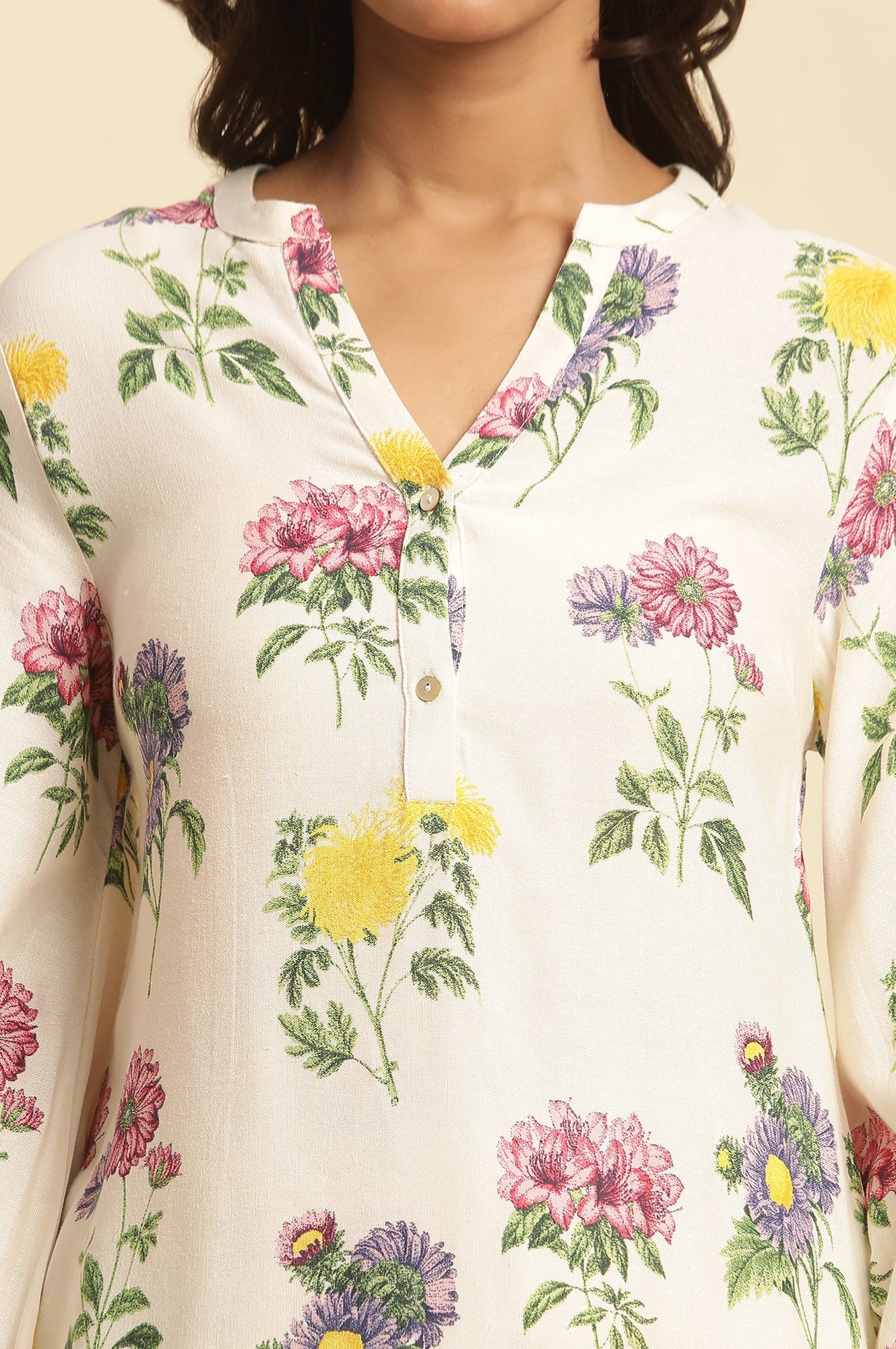 White Floral Printed Short Kurta And Pants Set