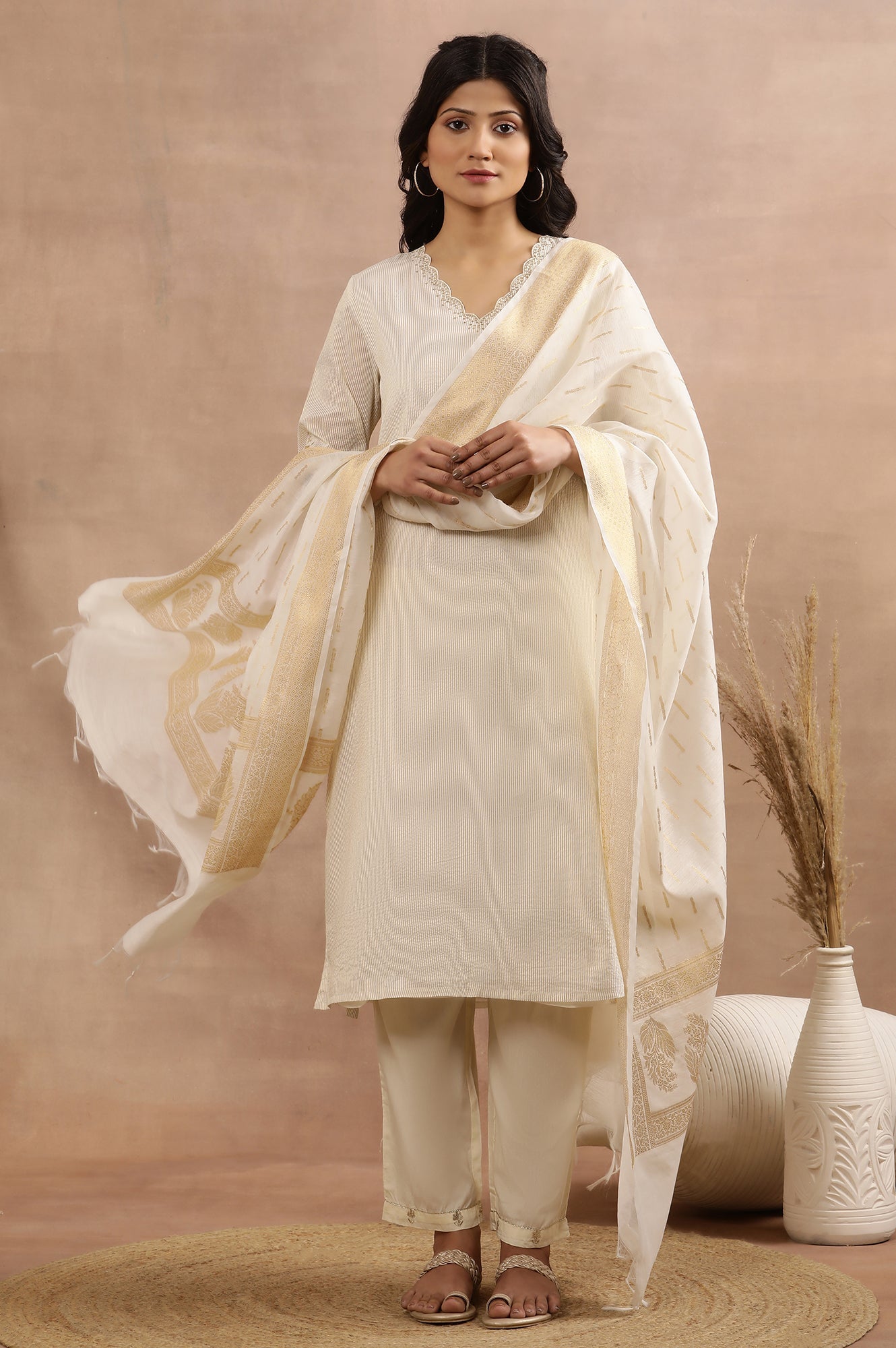 White A-Line Chanderi Kurta, Pants And Dupatta Set