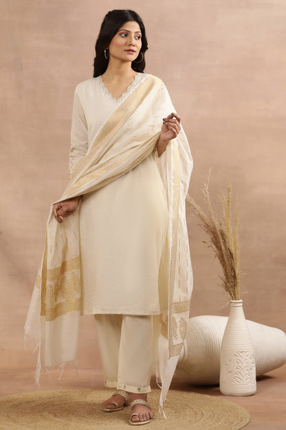White A-Line Chanderi Kurta, Pants And Dupatta Set