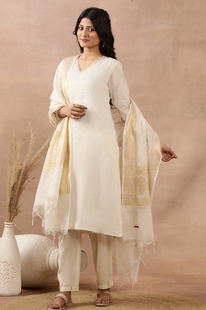 White A-Line Chanderi Kurta, Pants And Dupatta Set