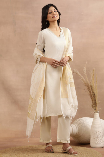 White A-Line Chanderi Kurta, Pants And Dupatta Set