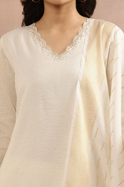 White A-Line Chanderi Kurta, Pants And Dupatta Set