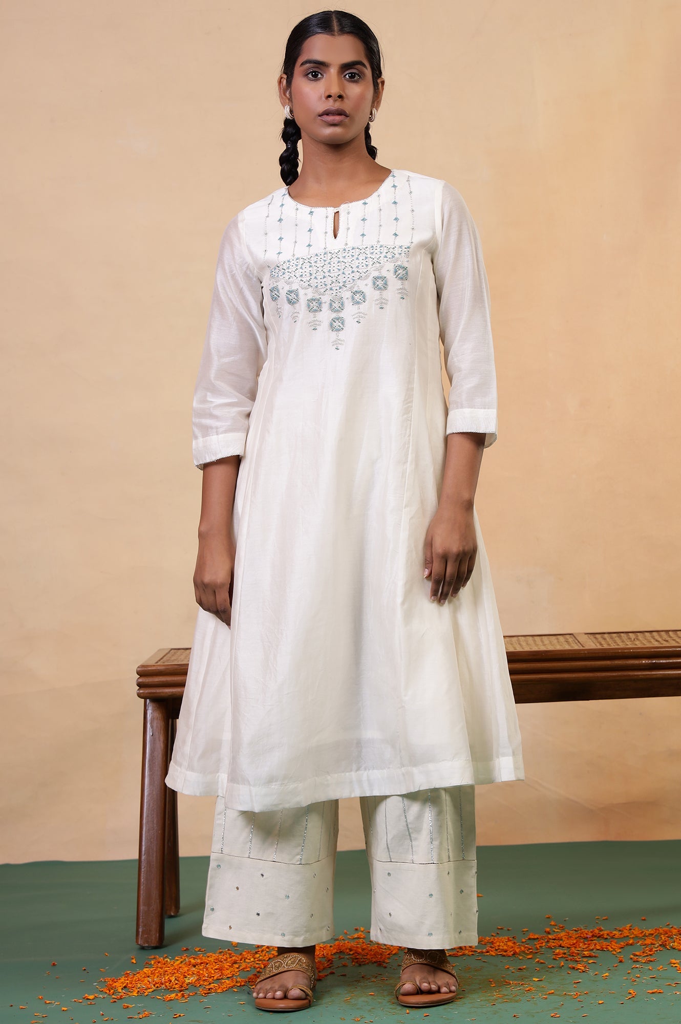 Folksong Off-White Beaded Cotton Silk Blend Flared Anarkali Kurta