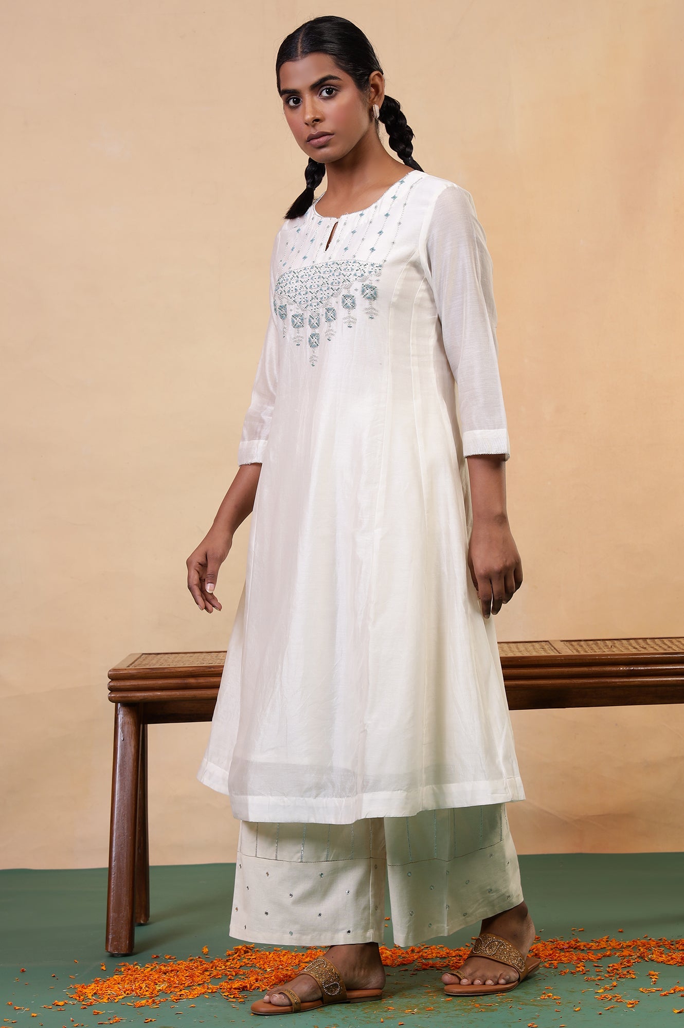 Folksong Off-White Beaded Cotton Silk Blend Flared Anarkali Kurta